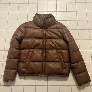Brown Leather Puffer Jacket